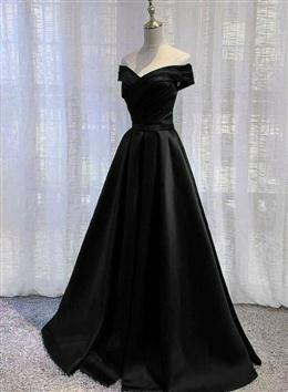 Picture of Black Color Satin Off Shoulder Long Simple Evening Dresses Formal Dresses, Black Color Party Dress